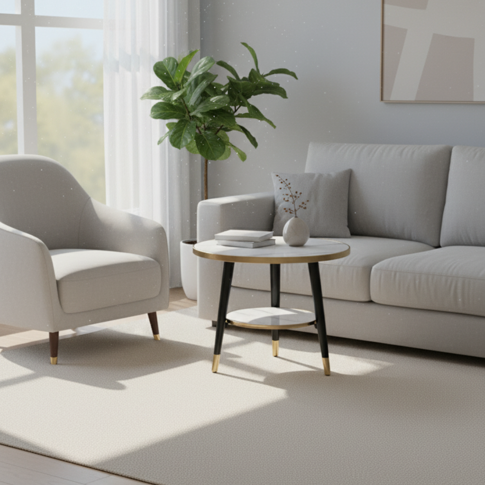 RSE 2-Tier Side Table with PVC Top and MDF Board Shelf, Modern Round Design for Living Room, Bedroom & Office