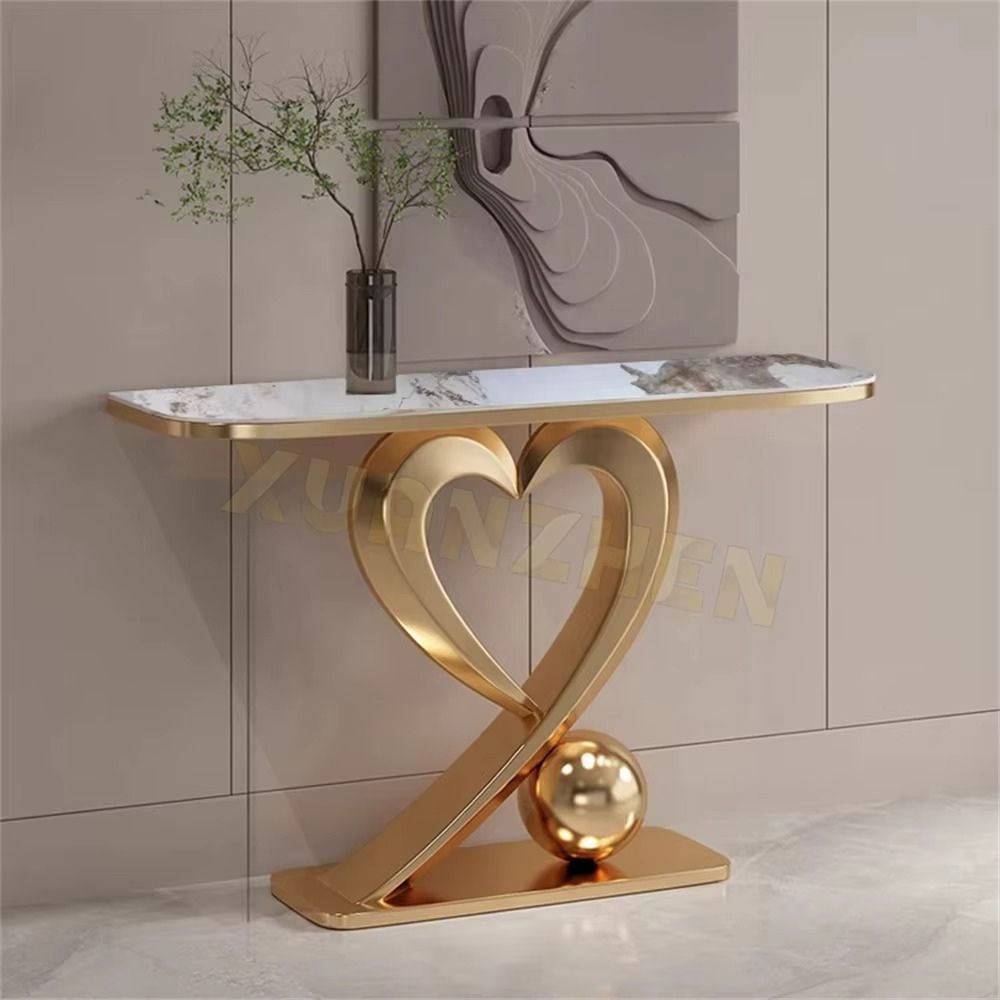 RSE Luxury Console Table with Natural Marble Top, PVD Gold Polished Heart Metal Base, Entryway & Foyer Decorative Table
