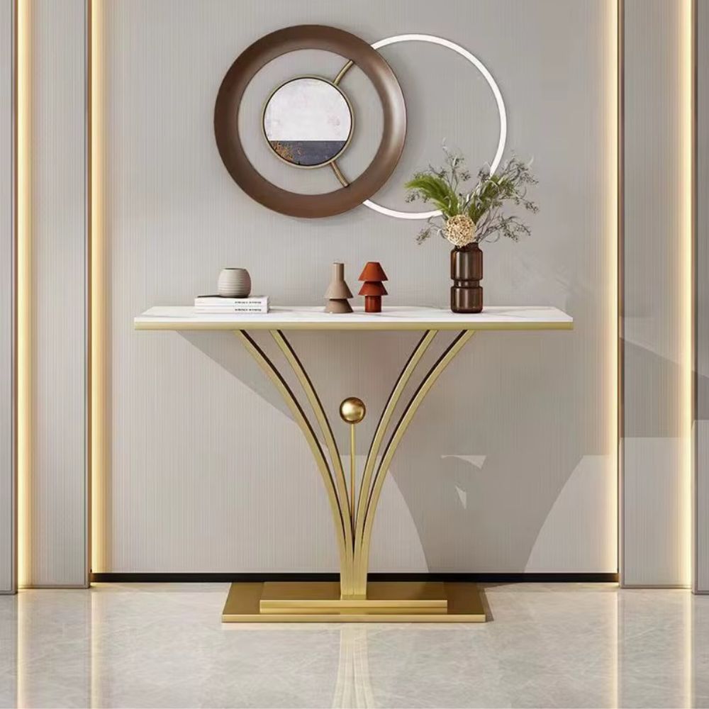 RSE Luxury Marble Console Table | Glam Gold PVD Polished Metal Entryway Sofa Accent Table | Modern Foyer Hallway Furniture