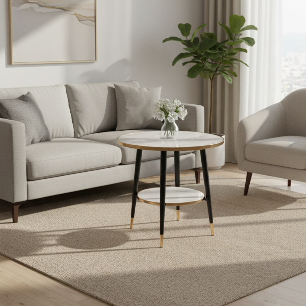 RSE 2-Tier Side Table with PVC Top and MDF Board Shelf, Modern Round Design for Living Room, Bedroom & Office