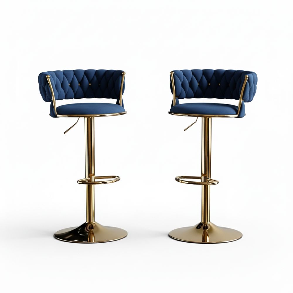 RSE Adjustable Bar Stool with Plush Quilted Seat, Gold Finish Base, Stylish Footrest, Comfortable Seating for Kitchen, Dining, Bar, or Office Use