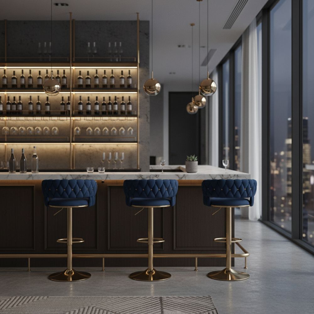 RSE Adjustable Bar Stool with Plush Quilted Seat, Gold Finish Base, Stylish Footrest, Comfortable Seating for Kitchen, Dining, Bar, or Office Use