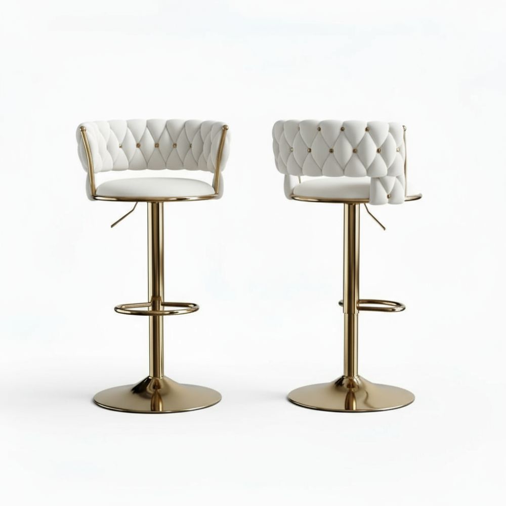 RSE Adjustable Bar Stool with Plush Quilted Seat, Gold Finish Base, Stylish Footrest, Comfortable Seating for Kitchen, Dining, Bar, or Office Use