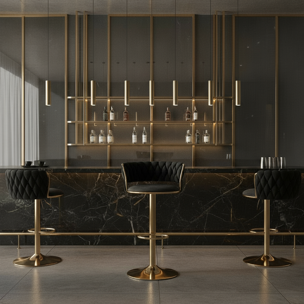 RSE Adjustable Bar Stool with Plush Quilted Seat, Gold Finish Base, Stylish Footrest, Comfortable Seating for Kitchen, Dining, Bar, or Office Use