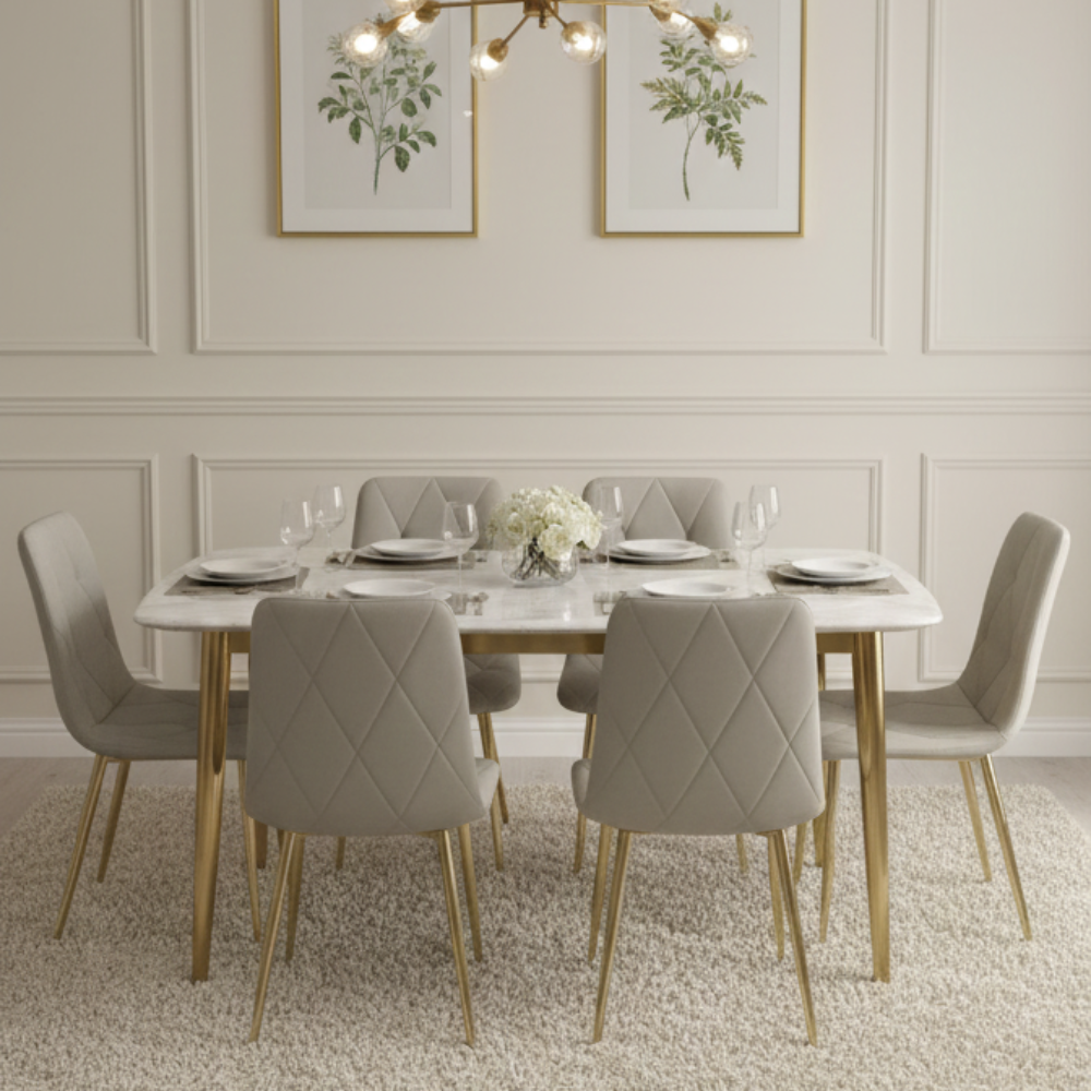 BEEDS Dining M01 6 Seater Dining Table Set | Marble Finish Top with Gold Metal Legs & 6 Upholstered Chairs | Modern Luxury Dining Furniture for Home & Restaurant