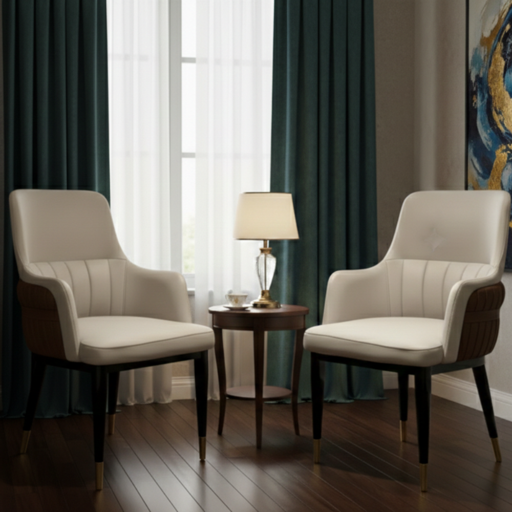 BEEDS C1-2 Luxury Upholstered Dining Chair | Premium Cushioned Seat with Armrests | Modern Designer Dining Chair with Brown Back & Gold-Tip Legs