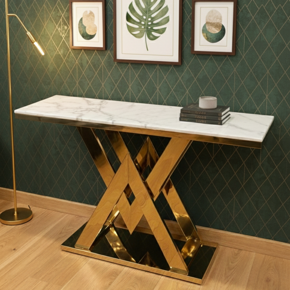 Beeds A145 Luxury Marble Top Console Table with Designer Gold Metal Base | Modern Entryway, Living Room, Hotel Lobby & Reception Decorative Console Table