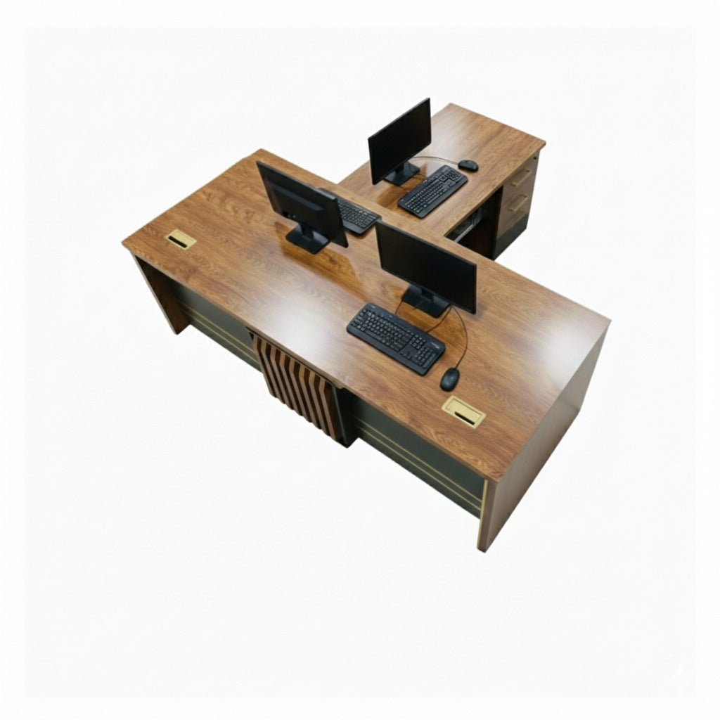 BEEDS L-Shape Executive Office Table 592 Modern Manager Workstation with Storage Cabinet & Cable Grommet | Corporate Office Desk for Professional Workspaces