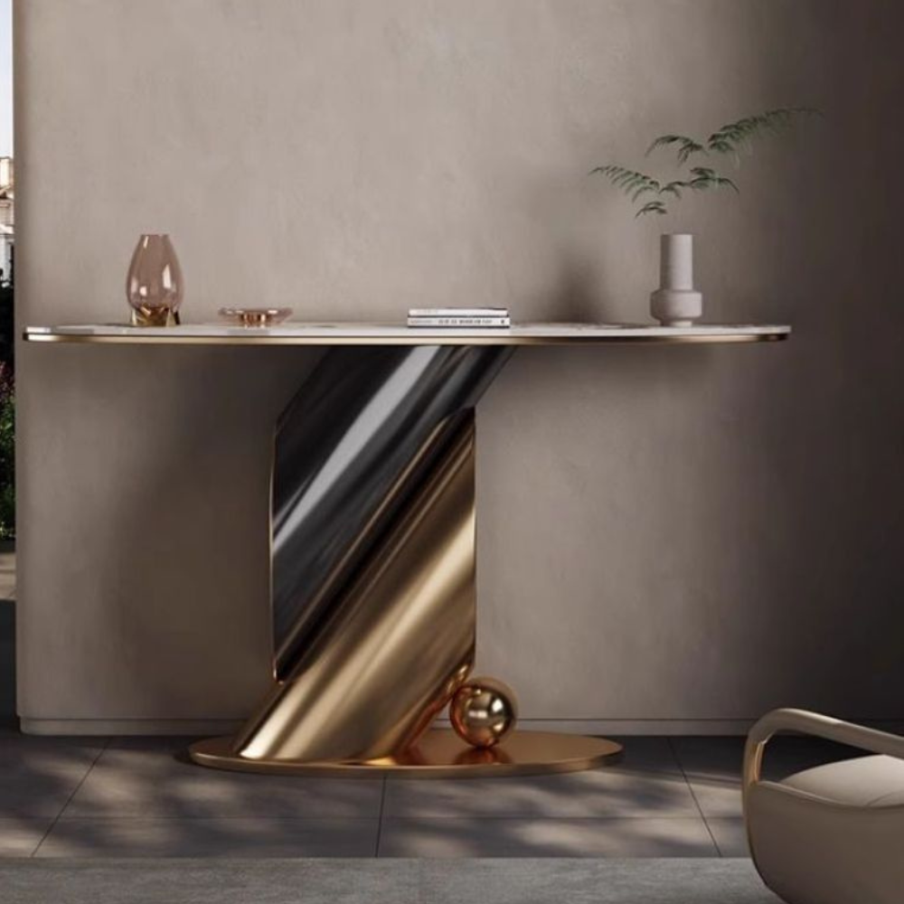 Beeds KD 324 Luxury Designer Console Table with Sculpted Gold Metal Base & Premium Top | Modern Entryway Sofa Table for Living Room