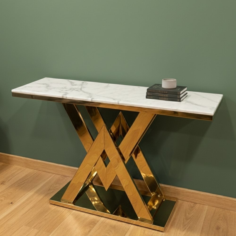 Beeds A145 Luxury Marble Top Console Table with Designer Gold Metal Base | Modern Entryway, Living Room, Hotel Lobby & Reception Decorative Console Table