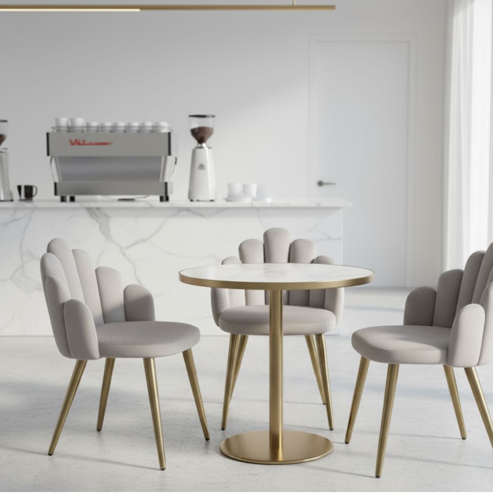 RSE Cafe Chair with Scallop Back Velvet Upholstery, Golden Metal Legs, Modern Accent Chair for Dining Room, Living Space & Cafes