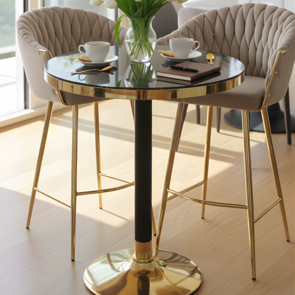 Luxury Round Coffee Table with Marble Finish Top & Gold Metal Base | Modern Café, Living Room & Hotel Coffee Table for Premium Interiors