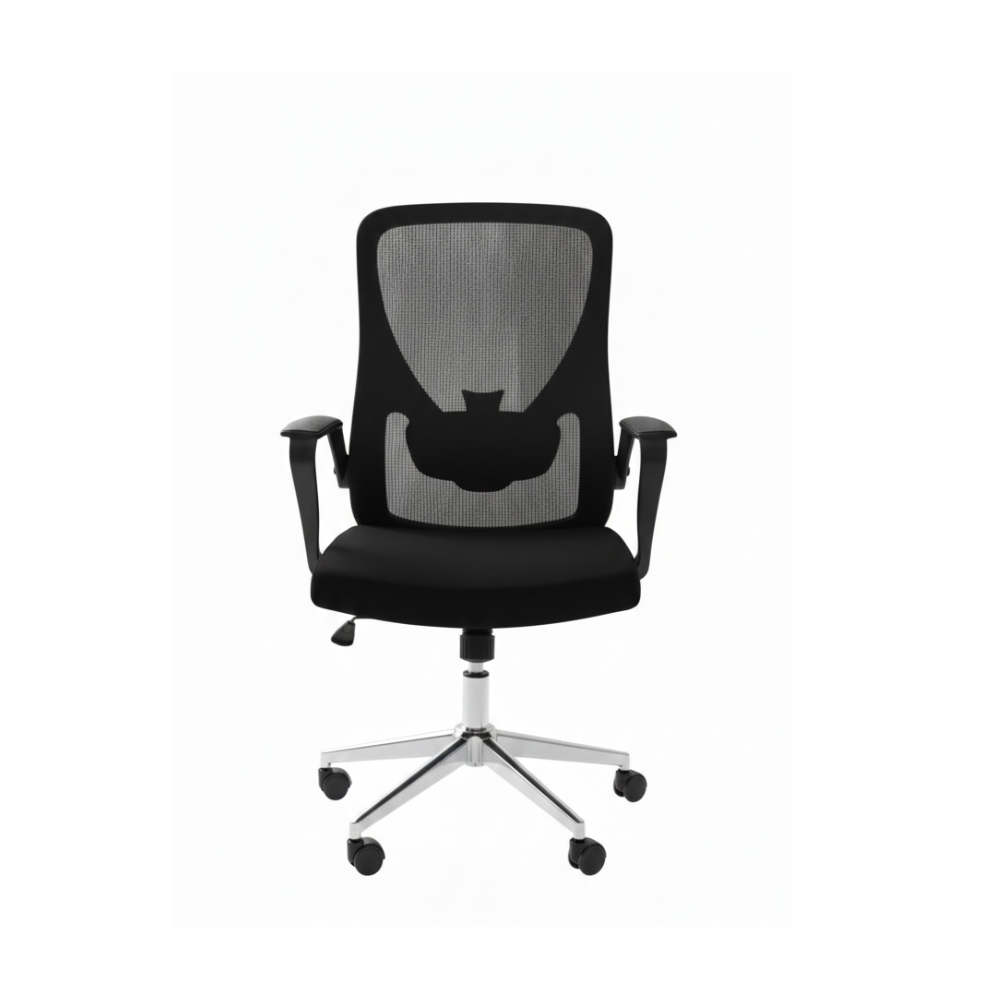 Beeds 310M Ergonomic Mesh Revolving Office Chair with Cushioned Seat, Fixed Armrests & Chrome Base – Black