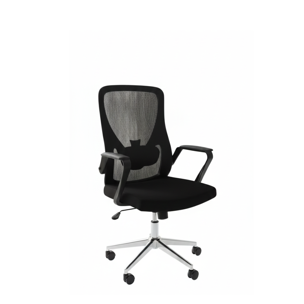 Beeds 310M Ergonomic Mesh Revolving Office Chair with Cushioned Seat, Fixed Armrests & Chrome Base – Black