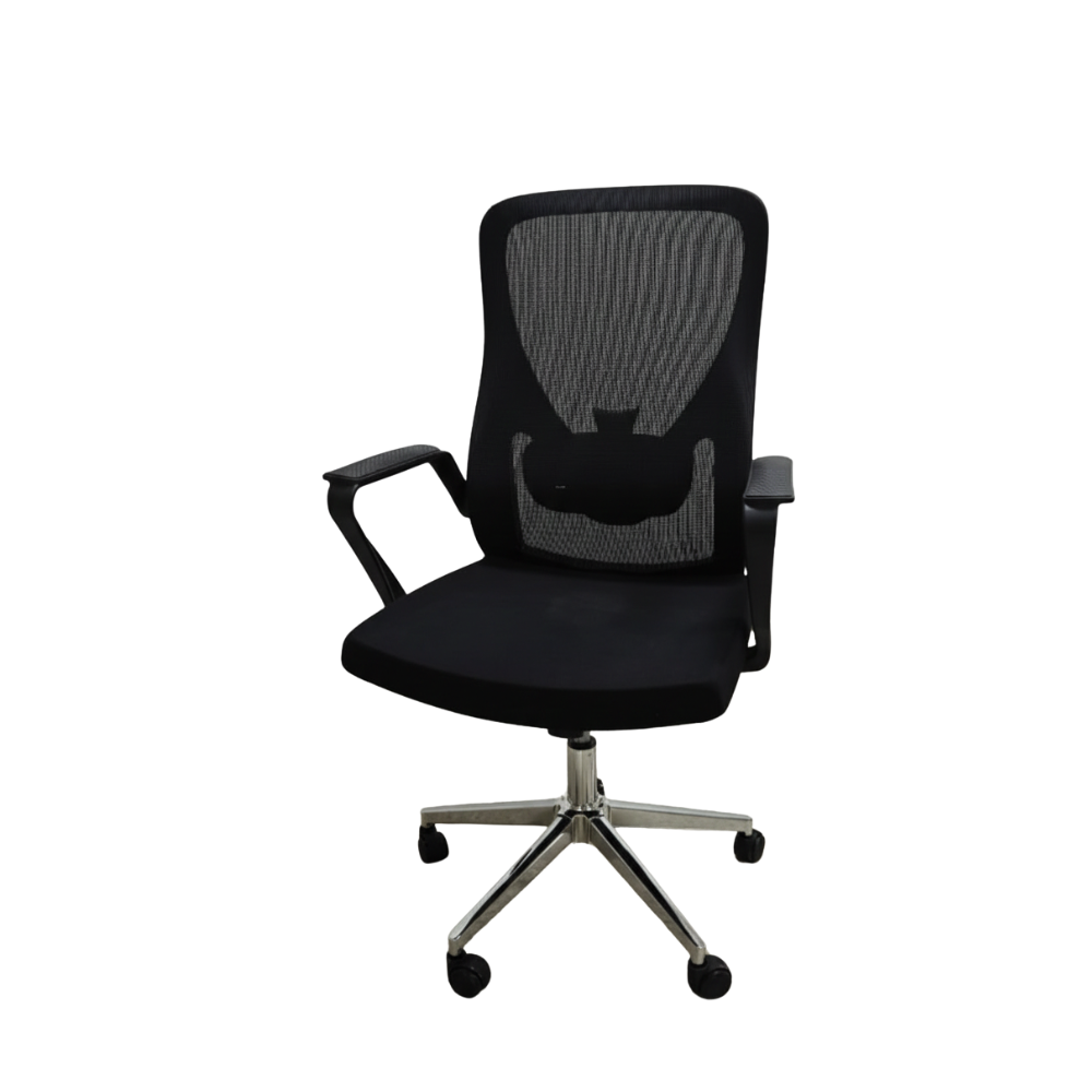 Beeds 310M Ergonomic Mesh Revolving Office Chair with Cushioned Seat, Fixed Armrests & Chrome Base – Black