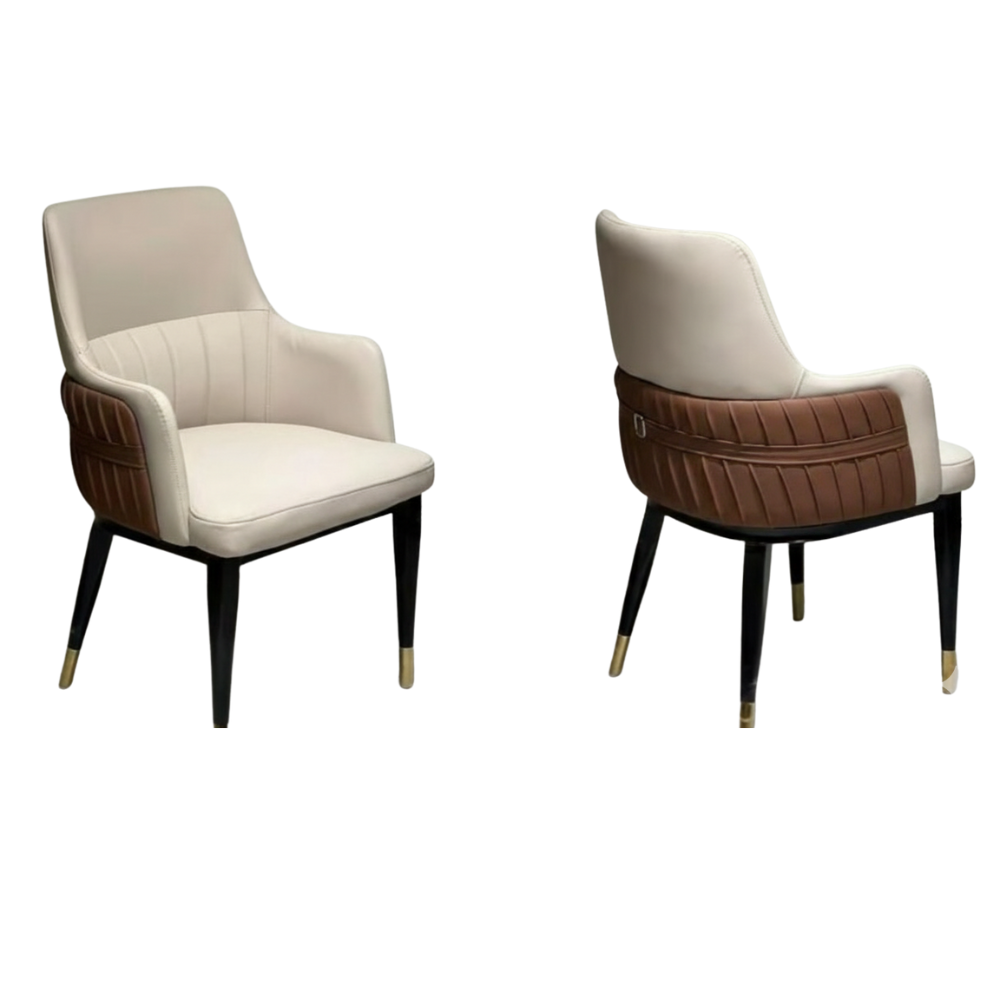 BEEDS C1-2 Luxury Upholstered Dining Chair | Premium Cushioned Seat with Armrests | Modern Designer Dining Chair with Brown Back & Gold-Tip Legs