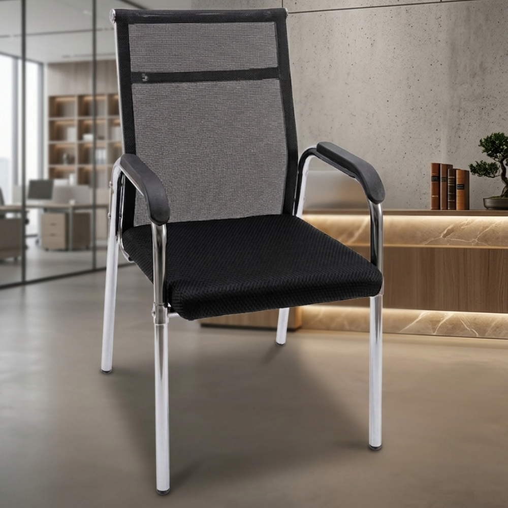 RSE 3029 Mesh Visitor Chair with Cushioned Seat & Armrests | Chrome Frame Office Chair | Waiting Area, Reception & Conference Chair (Black)