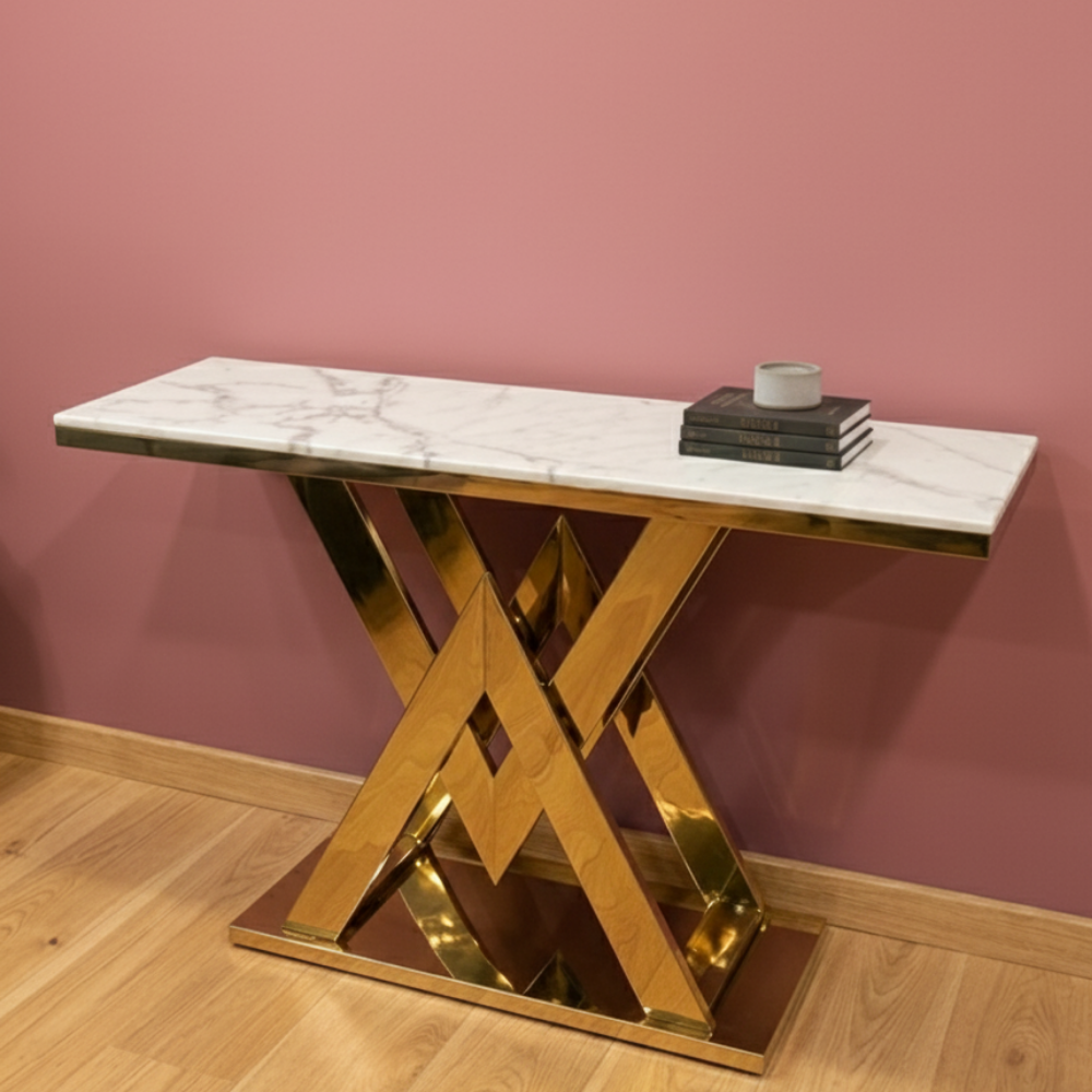 Beeds A145 Luxury Marble Top Console Table with Designer Gold Metal Base | Modern Entryway, Living Room, Hotel Lobby & Reception Decorative Console Table