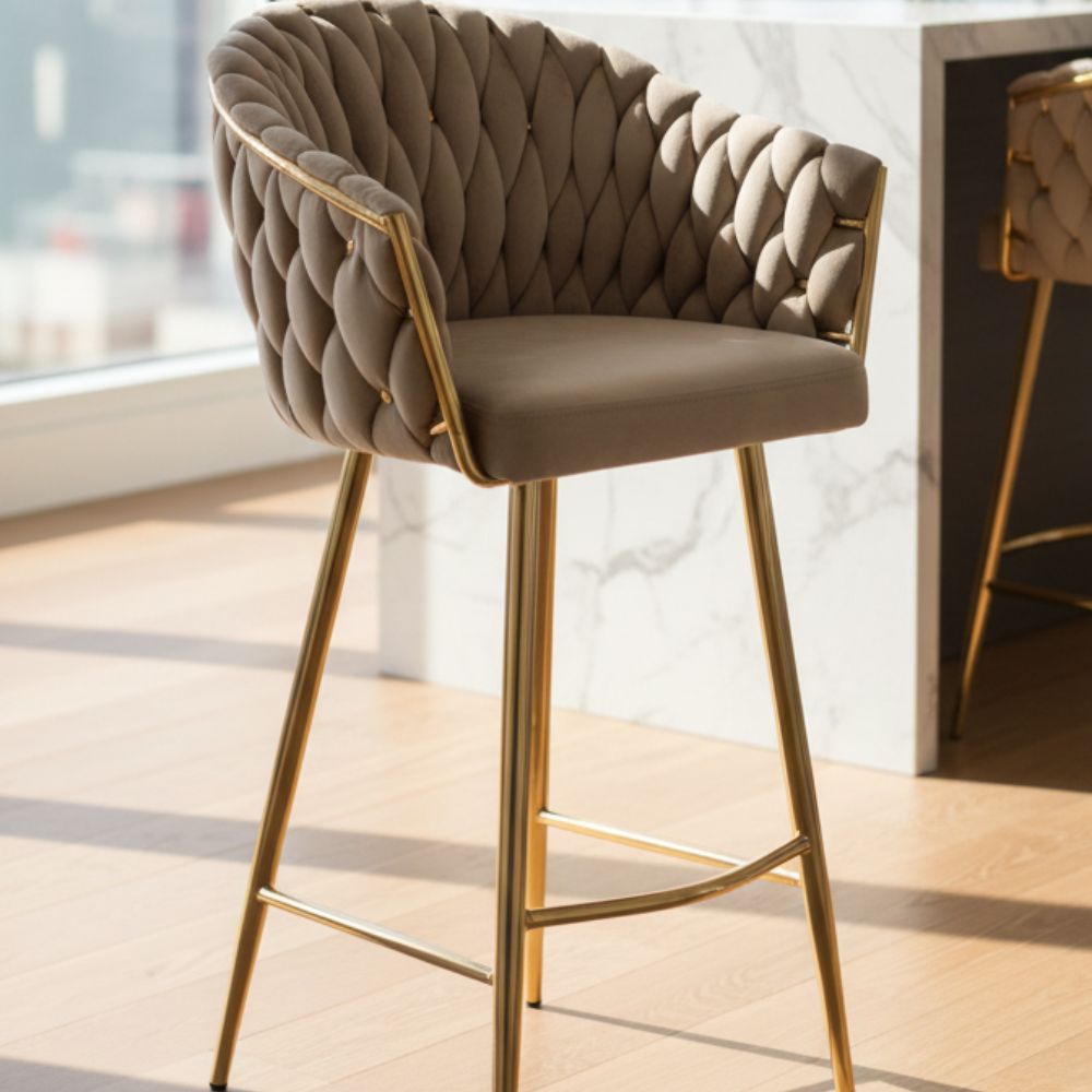 BEEDS Luxury Bar Stool D13 in Coffee Beige with Tufted Upholstery & Gold Finish Metal Legs | Designer High Stool for Bar, Kitchen Island, Café & Restaurant