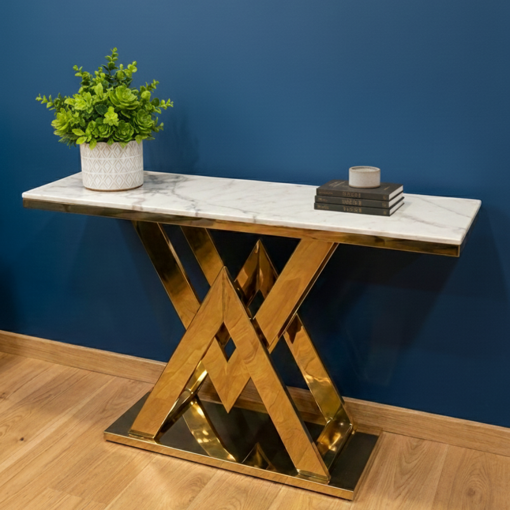 Beeds A145 Luxury Marble Top Console Table with Designer Gold Metal Base | Modern Entryway, Living Room, Hotel Lobby & Reception Decorative Console Table