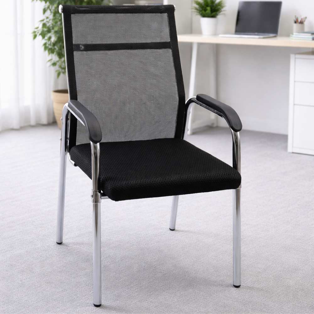 RSE 3029 Mesh Visitor Chair with Cushioned Seat & Armrests | Chrome Frame Office Chair | Waiting Area, Reception & Conference Chair (Black)