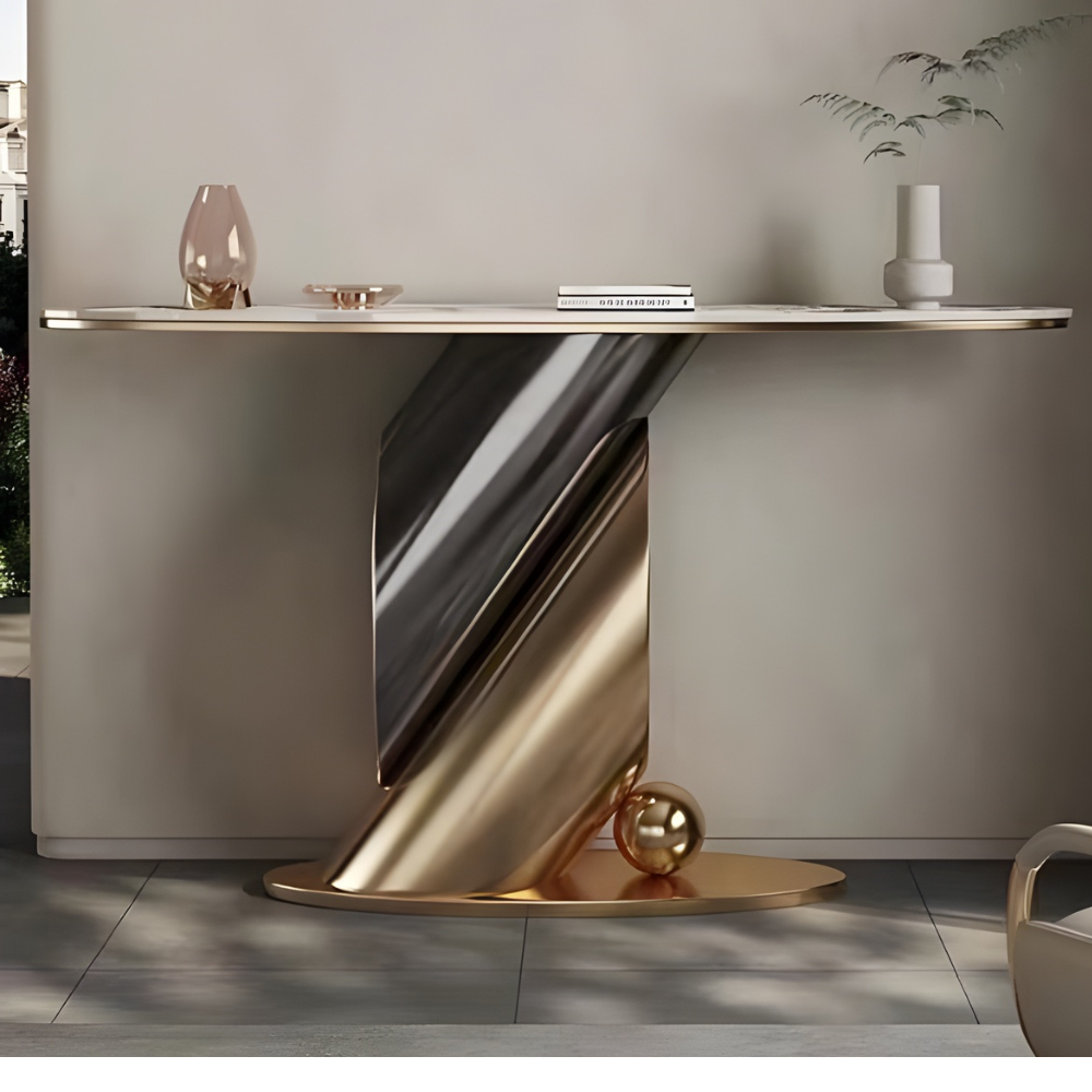 Beeds KD 324 Luxury Designer Console Table with Sculpted Gold Metal Base & Premium Top | Modern Entryway Sofa Table for Living Room