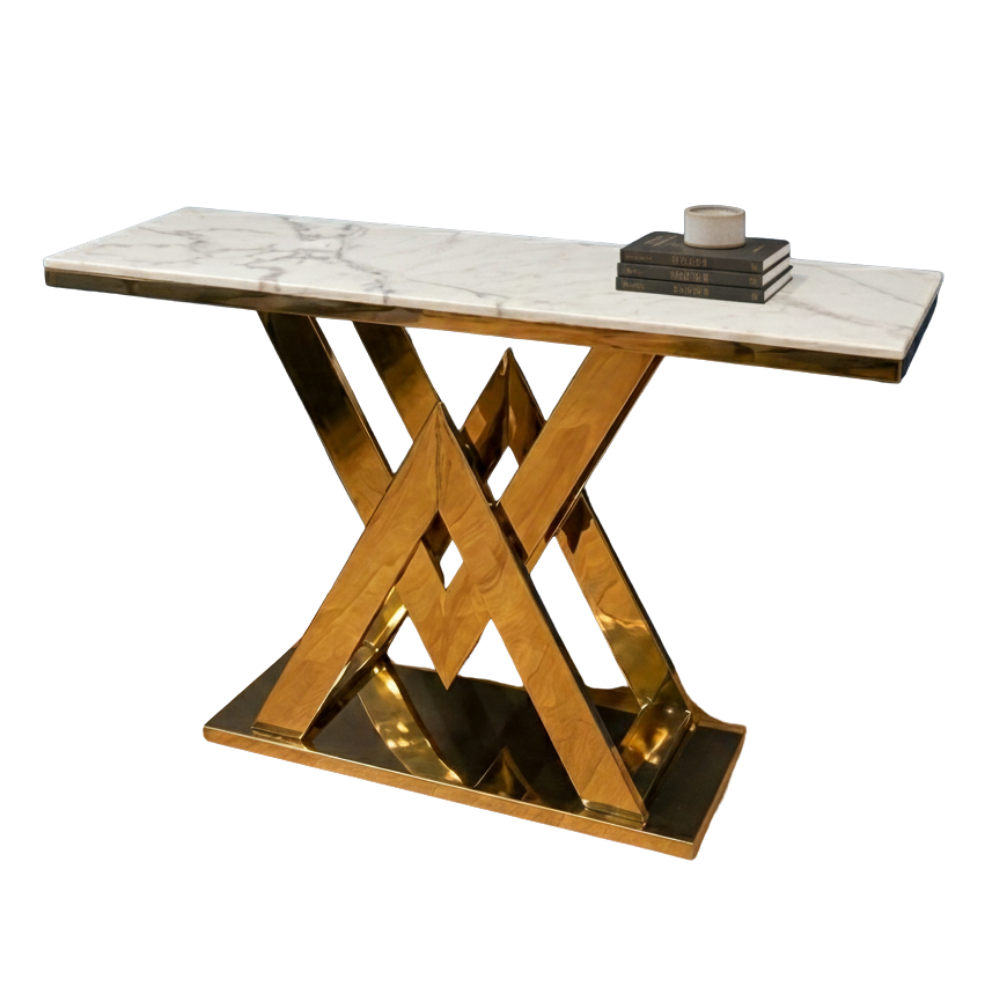 Beeds A145 Luxury Marble Top Console Table with Designer Gold Metal Base | Modern Entryway, Living Room, Hotel Lobby & Reception Decorative Console Table