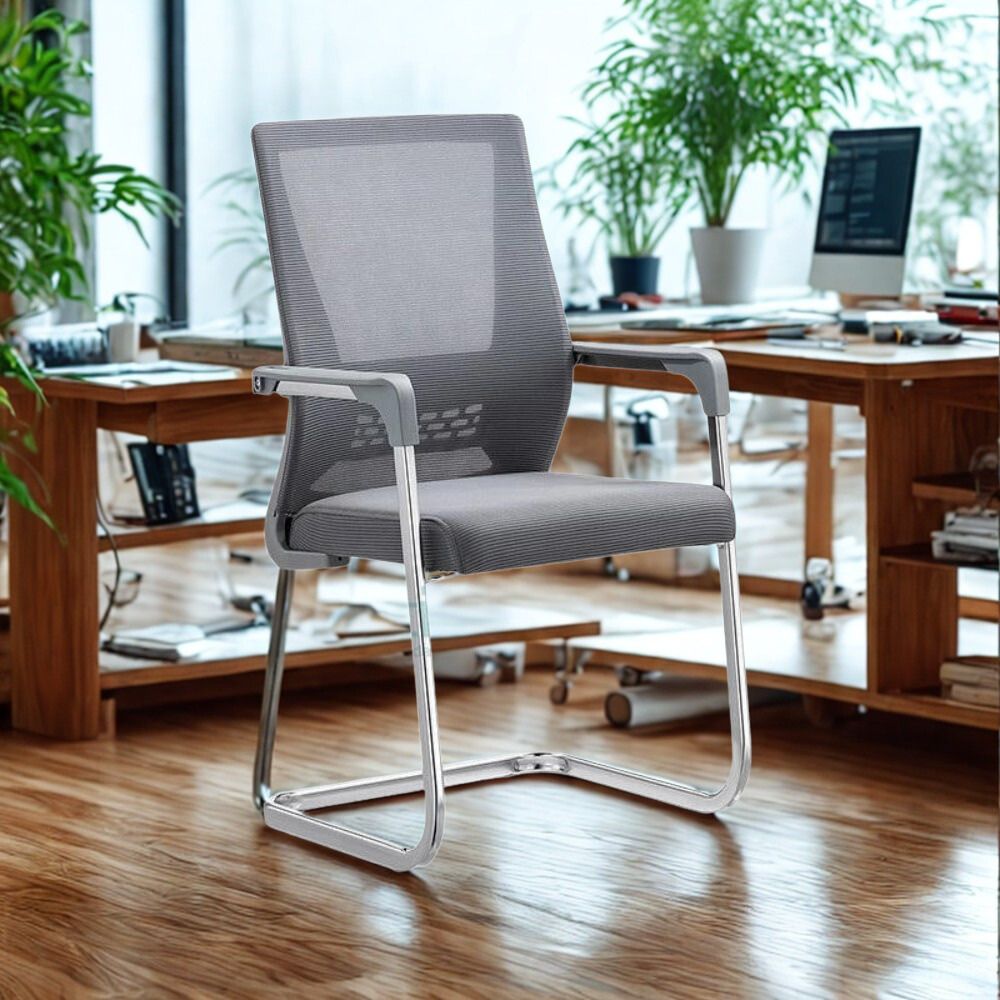 RSE Grey Mesh Visitor Chair – Ergonomic Office Seating with Padded Cushion, Armrests, Chrome Cantilever Frame for Meeting Rooms, Reception & Waiting Areas