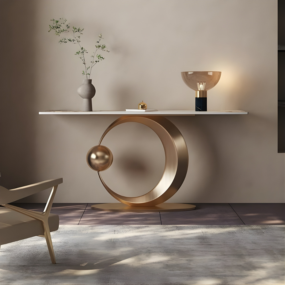 BEEDS KD329 Luxury Designer Console Table with Circular Gold Metal Base & Premium Top | Modern Entryway Hallway Table for Living Room