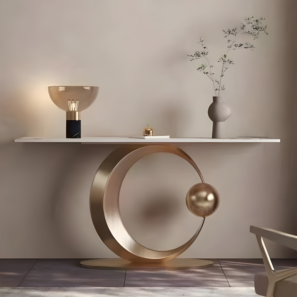 BEEDS KD329 Luxury Designer Console Table with Circular Gold Metal Base & Premium Top | Modern Entryway Hallway Table for Living Room
