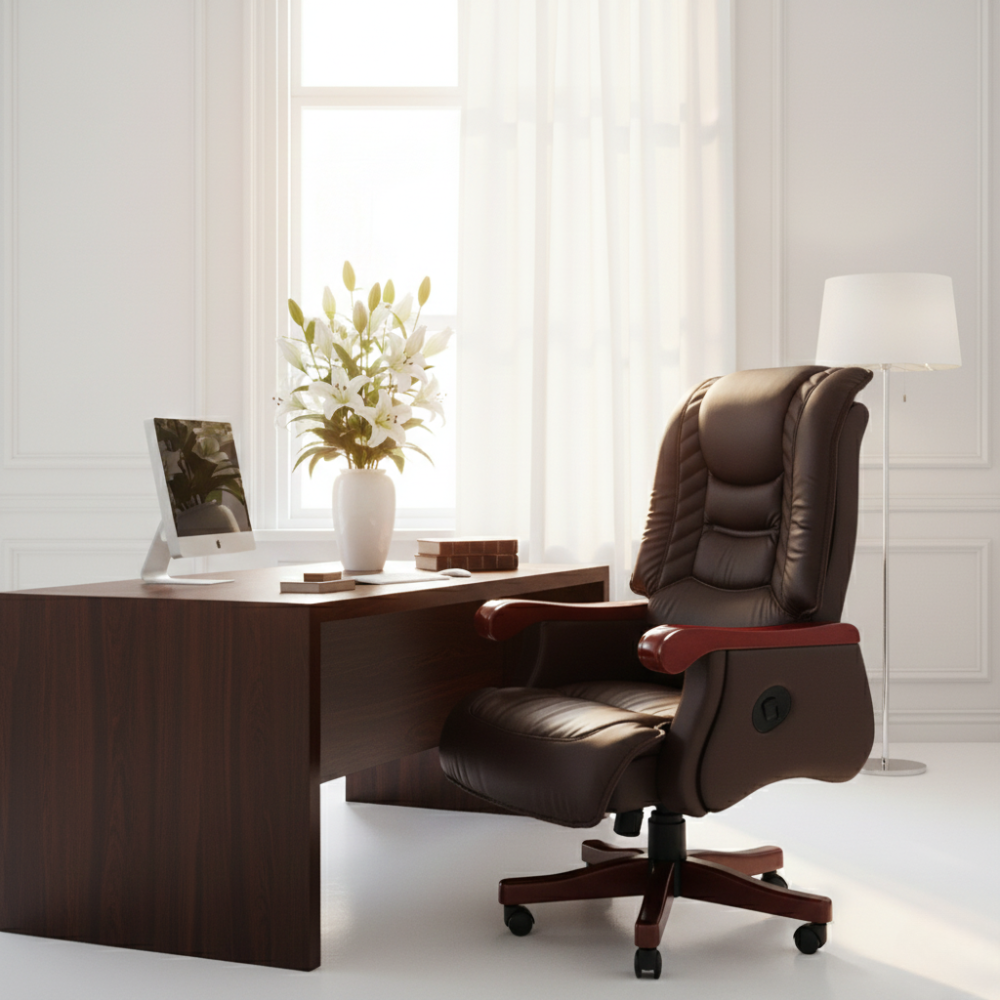 Beeds 7036 Premium Office Recliner Chair with Cushioned High Back, Wooden Armrests & Smooth Reclining Mechanism, Luxury Executive Recliner for Office, Cabin & Home Study