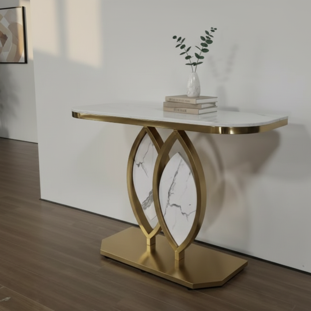 Beeds CS-508 Luxury Console Table with Marble Finish Top & Gold Stainless Steel Base, Modern Designer Entryway Console for Living Room, Hallway, Hotel Lobby & Office Décor