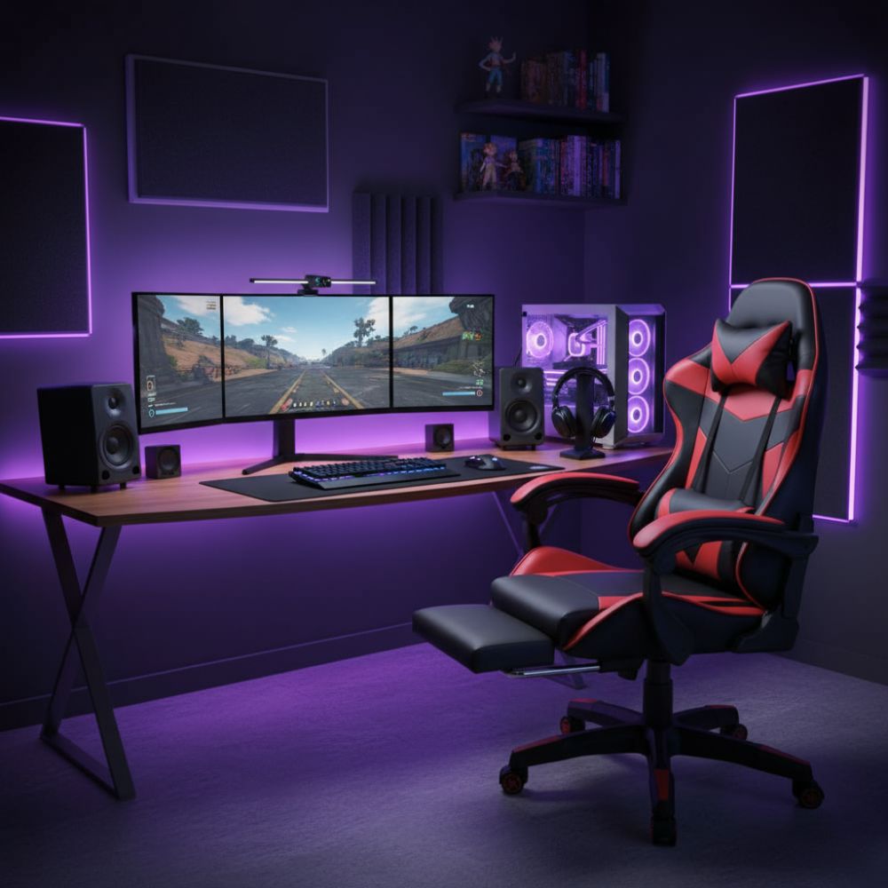 RSE Ergonomic High Back Gaming Chair with Footrest, PC Racing Chair for Office & WFH, Adjustable Lumbar Support & Armrest