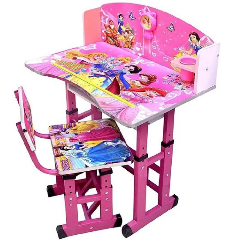 BEEDS Kids Study Desk and Chair Set with Adjustable Height, Cartoon Printed Tabletop, Storage Shelf & Strong Metal Frame