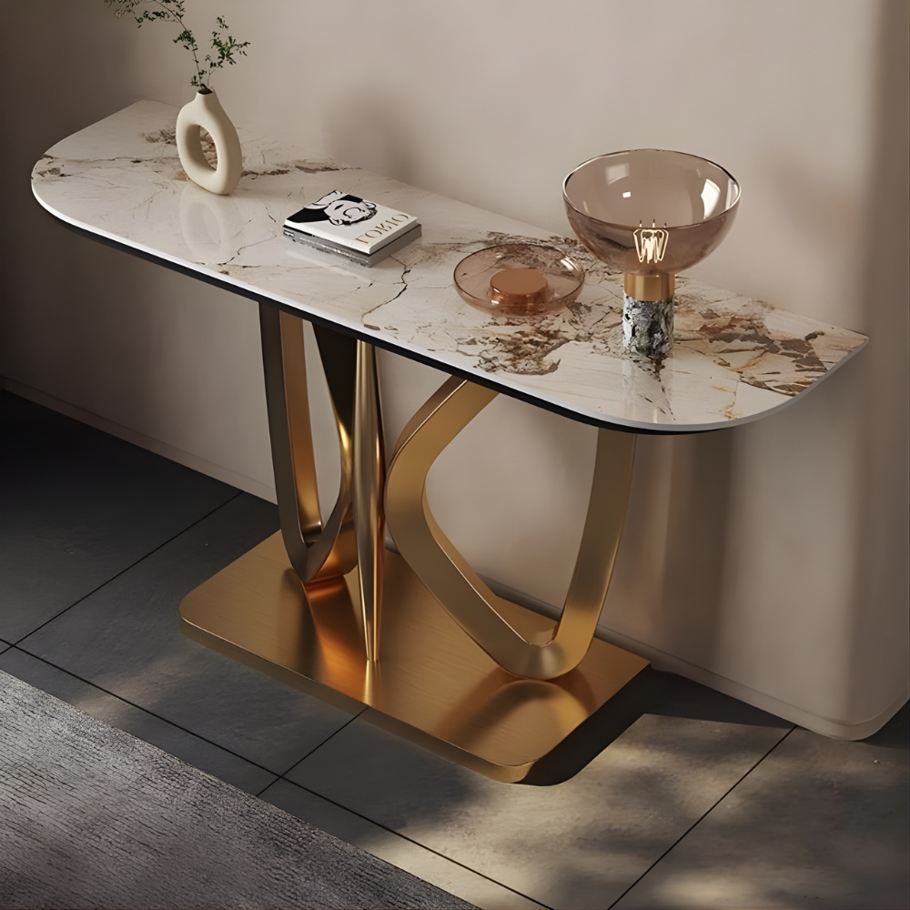 BEEDS KD322 Luxury Designer Console Table with Marble Finish Top | Premium Gold Metal Base | Modern Console Table for Hallway, Living Room, Hotel Lobby & Office Décor