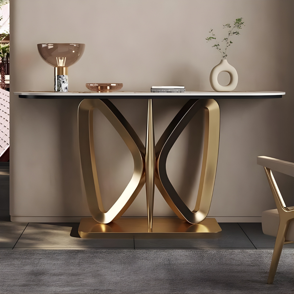 BEEDS KD322 Luxury Designer Console Table with Marble Finish Top | Premium Gold Metal Base | Modern Console Table for Hallway, Living Room, Hotel Lobby & Office Décor