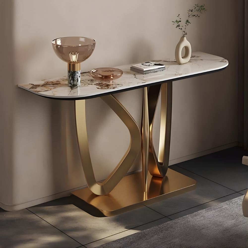 BEEDS KD322 Luxury Designer Console Table with Marble Finish Top | Premium Gold Metal Base | Modern Console Table for Hallway, Living Room, Hotel Lobby & Office Décor