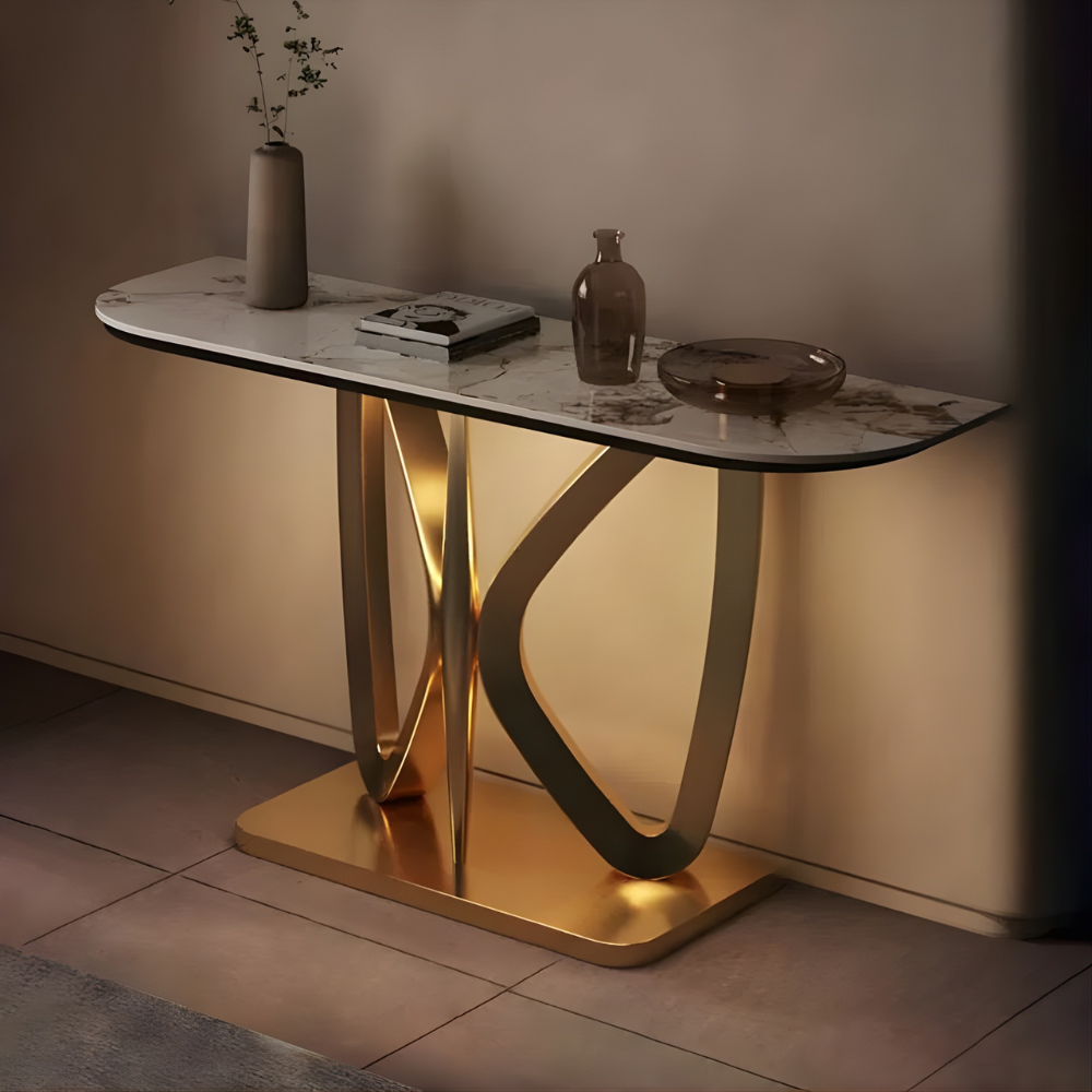 BEEDS KD322 Luxury Designer Console Table with Marble Finish Top | Premium Gold Metal Base | Modern Console Table for Hallway, Living Room, Hotel Lobby & Office Décor