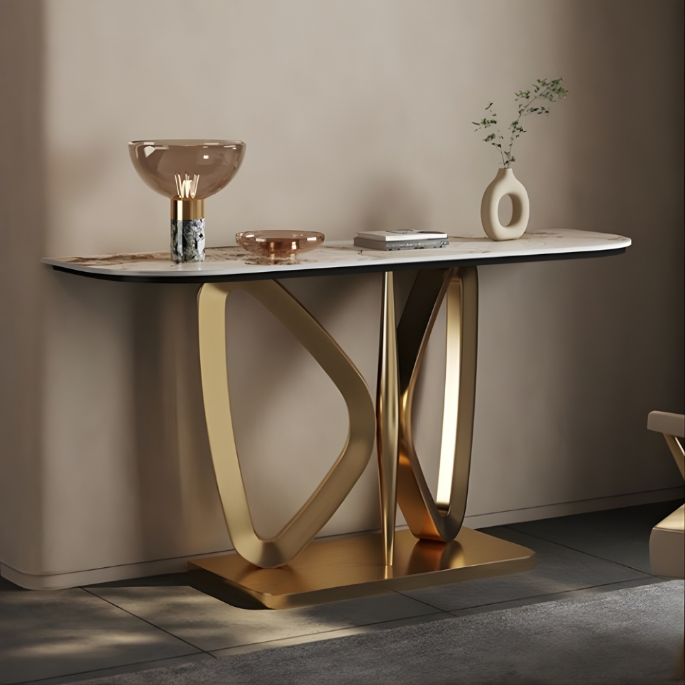 BEEDS KD322 Luxury Designer Console Table with Marble Finish Top | Premium Gold Metal Base | Modern Console Table for Hallway, Living Room, Hotel Lobby & Office Décor