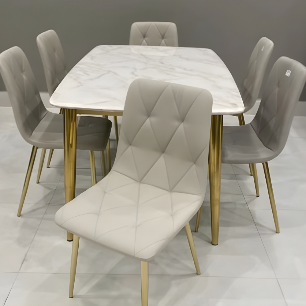 BEEDS Dining M01 6 Seater Dining Table Set | Marble Finish Top with Gold Metal Legs & 6 Upholstered Chairs | Modern Luxury Dining Furniture for Home & Restaurant