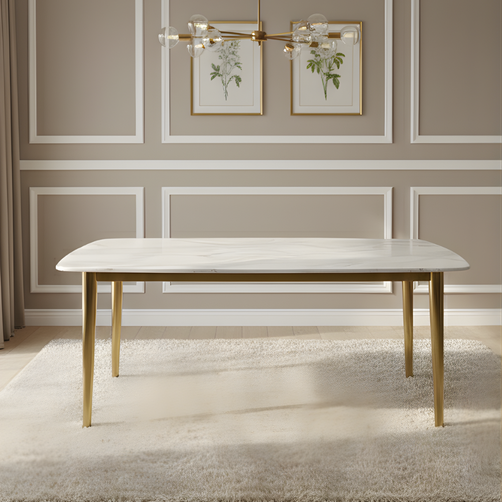 RSE Dining M01 6 Seater Dining Table Set | Marble Finish Top with Gold Metal Legs & 6 Upholstered Chairs | Modern Luxury Dining Furniture for Home & Restaurant