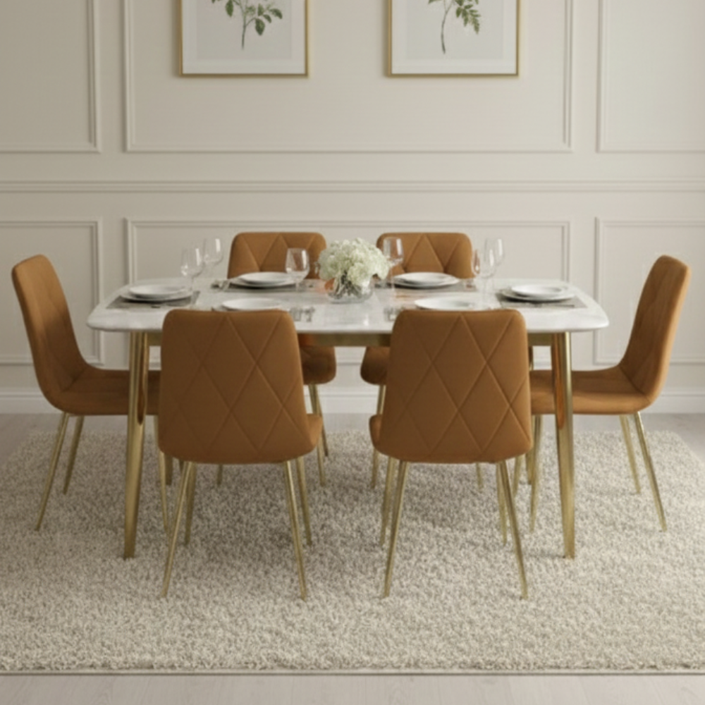 BEEDS Dining M01 6 Seater Dining Table Set | Marble Finish Top with Gold Metal Legs & 6 Upholstered Chairs | Modern Luxury Dining Furniture for Home & Restaurant