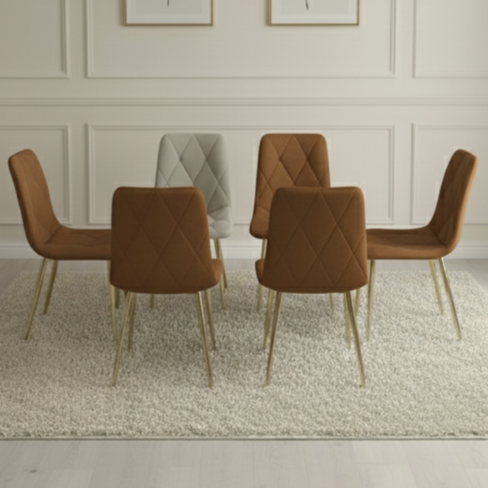 BEEDS Dining M01 6 Seater Dining Table Set | Marble Finish Top with Gold Metal Legs & 6 Upholstered Chairs | Modern Luxury Dining Furniture for Home & Restaurant