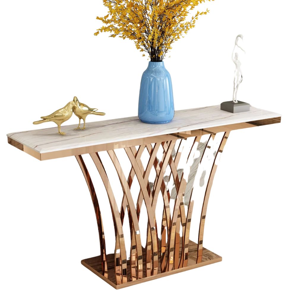 RSE Console Table with Marble Top and Metal Base – Luxury PVD Polished Entryway Table for Living Room, Hallway & Foyer | Modern Decorative Furniture
