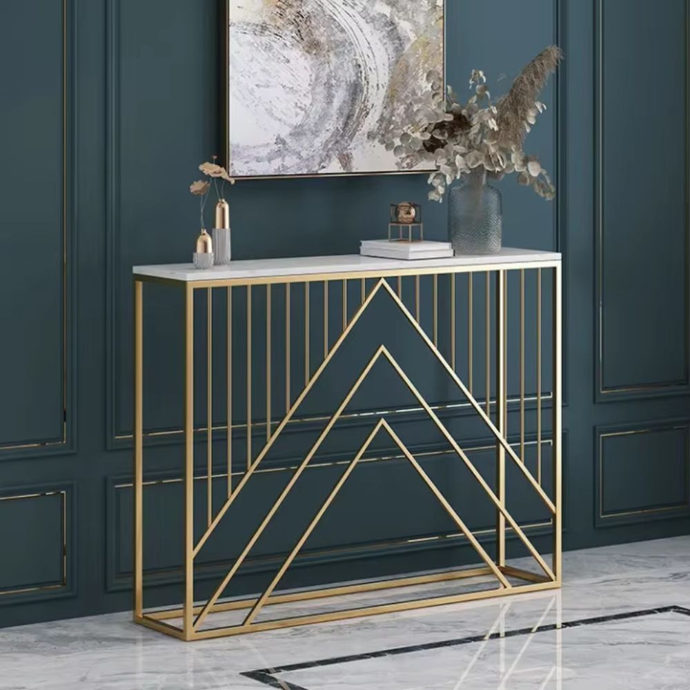 RSE Console Table with Marble Top and Geometric Metal Base – Luxury PVD Polished Gold Hallway Table for Living Room, Entryway and Foyer