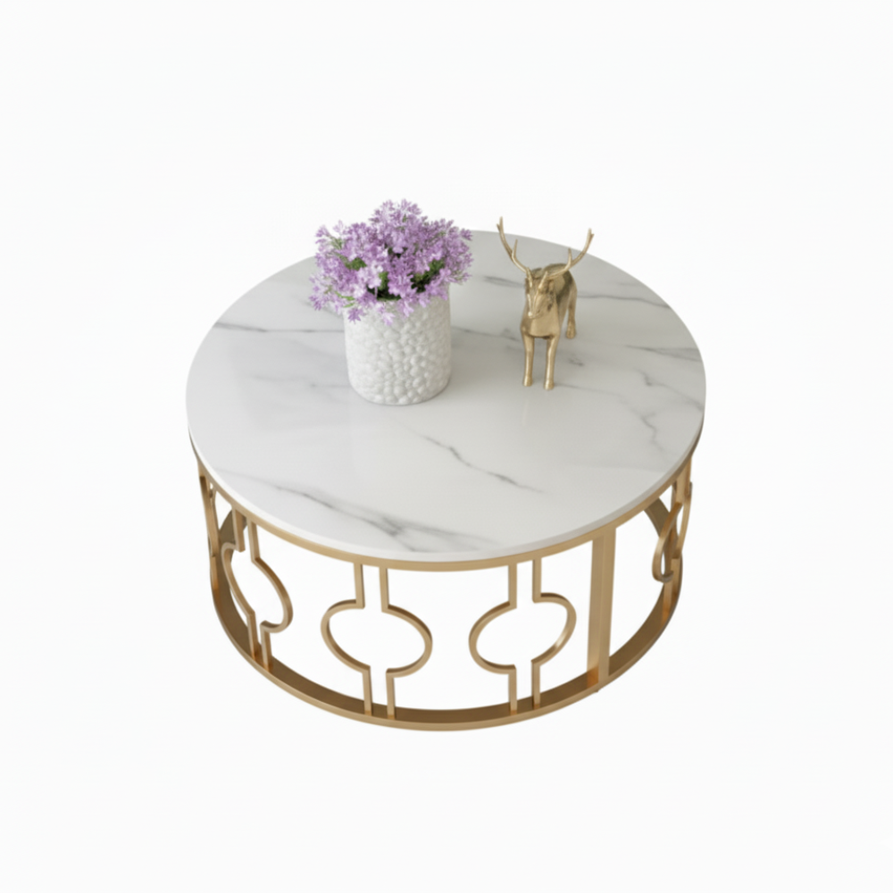 RSE Furniture Center Table – Set of 2 Round Marble Top Tables with Designer Gold Metal Base for Modern Living Rooms