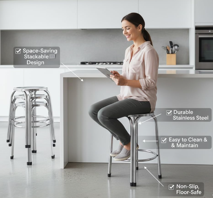 Beeds Stainless Steel Stool – Portable, Lightweight, Anti-Skid Bar Stool for Kitchen, Home, Doctor Clinic, Office with Easy-to-Clean Chrome Finish and Durable Metal Frame