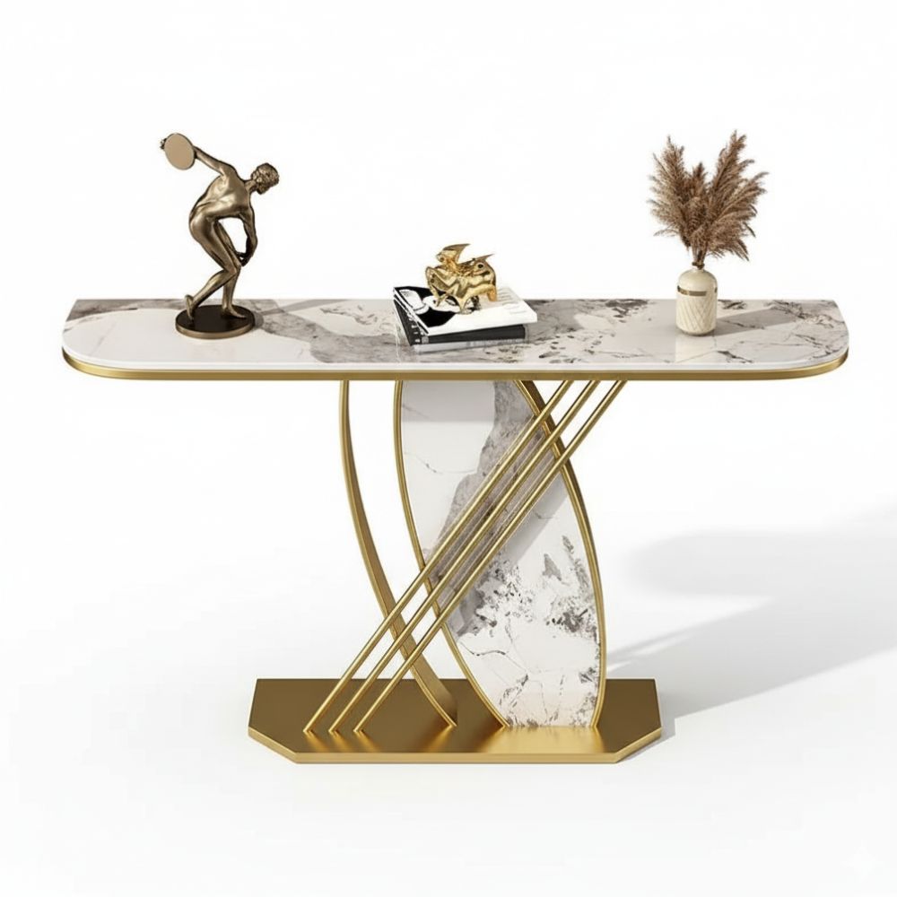 RSE Console Table with Marble Top and Metal Base – Luxury PVD Polished Entryway Table for Living Room, Hallway & Foyer, Modern Home Furniture