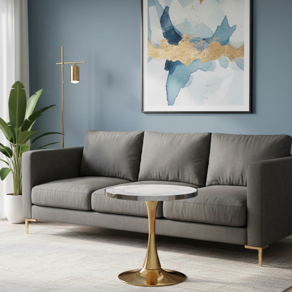 BEEDS T18 Gold Luxury Round Console Table with Marble Finish Top | Premium Single Pillar Gold Base | Designer Console Table for Living Room, Hotel Lobby & Office Décor