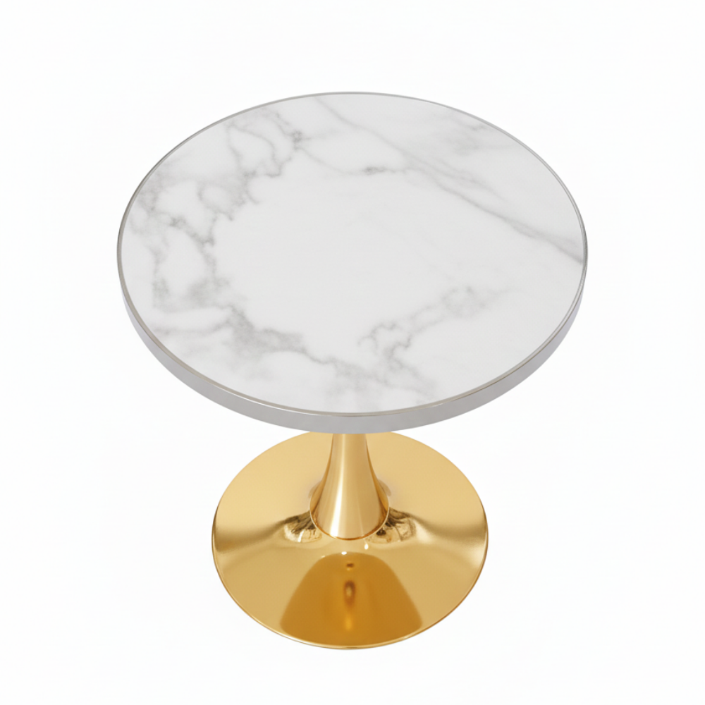 BEEDS T18 Gold Luxury Round Console Table with Marble Finish Top | Premium Single Pillar Gold Base | Designer Console Table for Living Room, Hotel Lobby & Office Décor